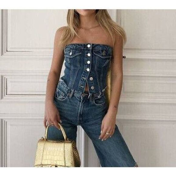 ZARA DENIM BUSTIER CORSET TOP BUTTONS - Picture 1 of 14